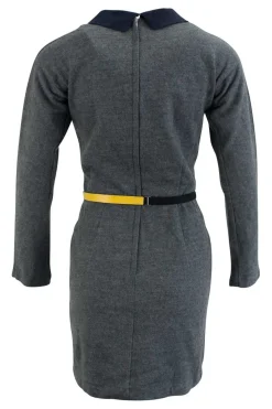 Grey long sleeved, wool mini dress with yellow leather belt