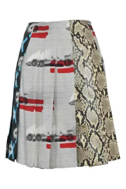 Grey mixed-digi print pull-on knife pleat A-line skirt featuring half-tone novelty prints
