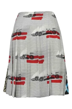 Grey mixed-digi print pull-on knife pleat A-line skirt featuring half-tone novelty prints