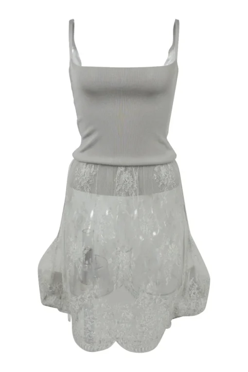 Grey polyamide-blend jersey knit peek-a-boo slip-style mini dress with tonal sheer lace skirt