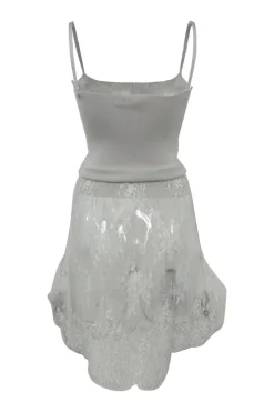 Grey polyamide-blend jersey knit peek-a-boo slip-style mini dress with tonal sheer lace skirt