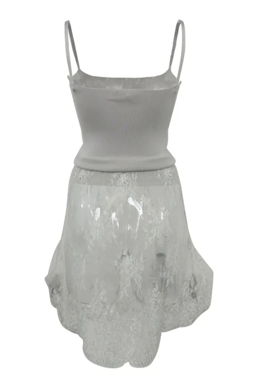 Grey polyamide-blend jersey knit peek-a-boo slip-style mini dress with tonal sheer lace skirt