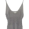 Grey rayon-blend fully-fashioned glitter tank top with broken rib knit and pointelle empire waistband