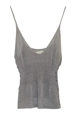 Grey rayon-blend fully-fashioned glitter tank top with broken rib knit and pointelle empire waistband