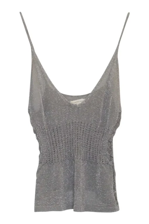 Grey rayon-blend fully-fashioned glitter tank top with broken rib knit and pointelle empire waistband