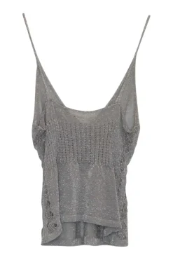 Grey rayon-blend fully-fashioned glitter tank top with broken rib knit and pointelle empire waistband