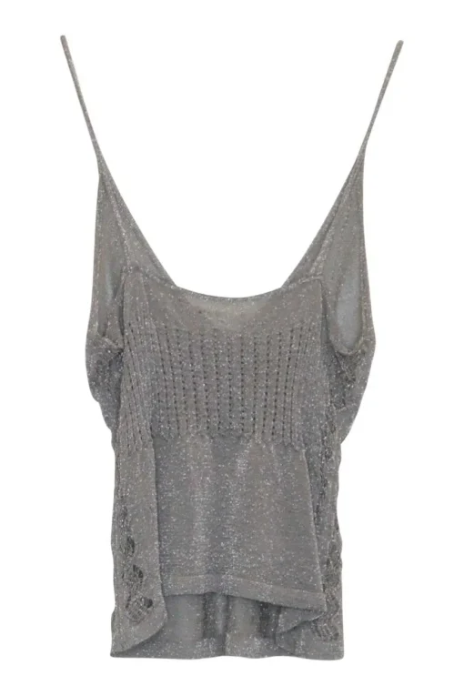 Grey rayon-blend fully-fashioned glitter tank top with broken rib knit and pointelle empire waistband