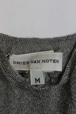 Grey rayon-blend fully-fashioned glitter tank top with broken rib knit and pointelle empire waistband