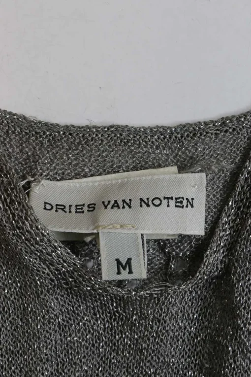 Grey rayon-blend fully-fashioned glitter tank top with broken rib knit and pointelle empire waistband