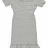Grey rayon-blend interlock knit bandage off-shoulder godet sheath dress with cutout scalloped edges