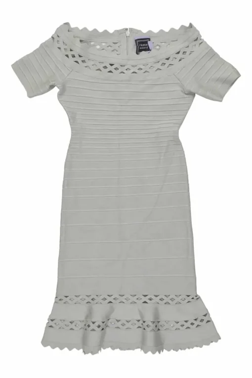 Grey rayon-blend interlock knit bandage off-shoulder godet sheath dress with cutout scalloped edges