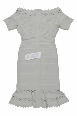 Grey rayon-blend interlock knit bandage off-shoulder godet sheath dress with cutout scalloped edges