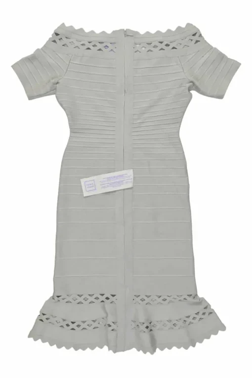 Grey rayon-blend interlock knit bandage off-shoulder godet sheath dress with cutout scalloped edges