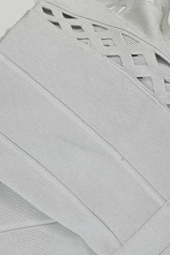 Grey rayon-blend interlock knit bandage off-shoulder godet sheath dress with cutout scalloped edges