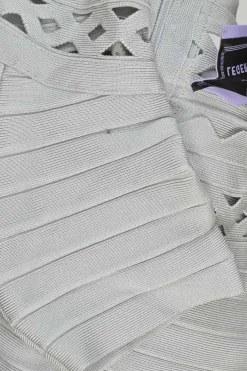 Grey rayon-blend interlock knit bandage off-shoulder godet sheath dress with cutout scalloped edges