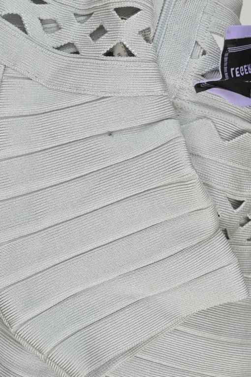 Grey rayon-blend interlock knit bandage off-shoulder godet sheath dress with cutout scalloped edges