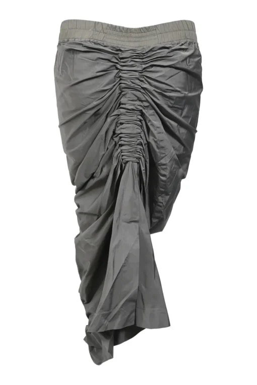 Grey ruched nylon-silk asymmetric midi skirt