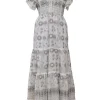 Grey semi-sheer embroidered georgette flutter sleeve plunge neck midi dress with drawstring waist and tiered skirt
