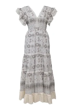 Grey semi-sheer embroidered georgette flutter sleeve plunge neck midi dress with drawstring waist and tiered skirt