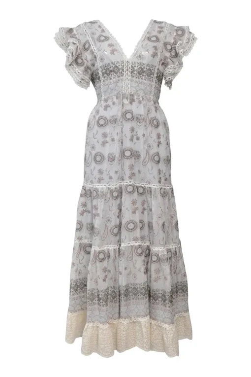 Grey semi-sheer embroidered georgette flutter sleeve plunge neck midi dress with drawstring waist and tiered skirt