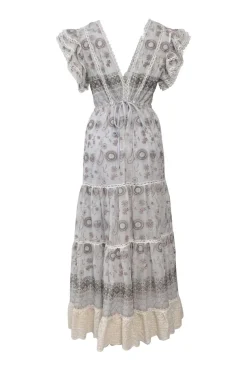 Grey semi-sheer embroidered georgette flutter sleeve plunge neck midi dress with drawstring waist and tiered skirt