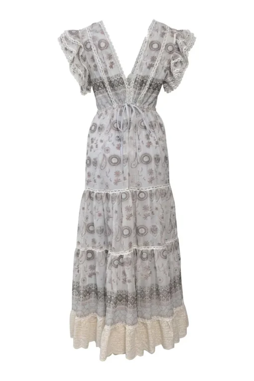 Grey semi-sheer embroidered georgette flutter sleeve plunge neck midi dress with drawstring waist and tiered skirt