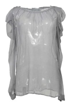 Grey semi-sheer gathered silk bateau neck long sleeve blouse