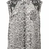 Grey sequin-embellished semi-sheer leopard silk peak collar sleeveless shirt