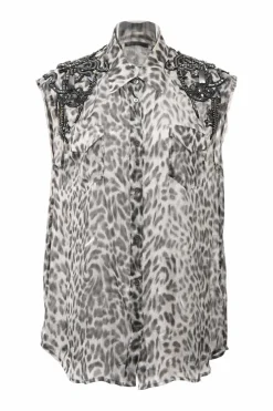 Grey sequin-embellished semi-sheer leopard silk peak collar sleeveless shirt