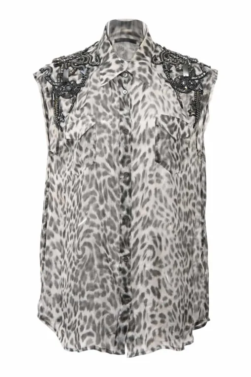 Grey sequin-embellished semi-sheer leopard silk peak collar sleeveless shirt