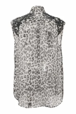 Grey sequin-embellished semi-sheer leopard silk peak collar sleeveless shirt
