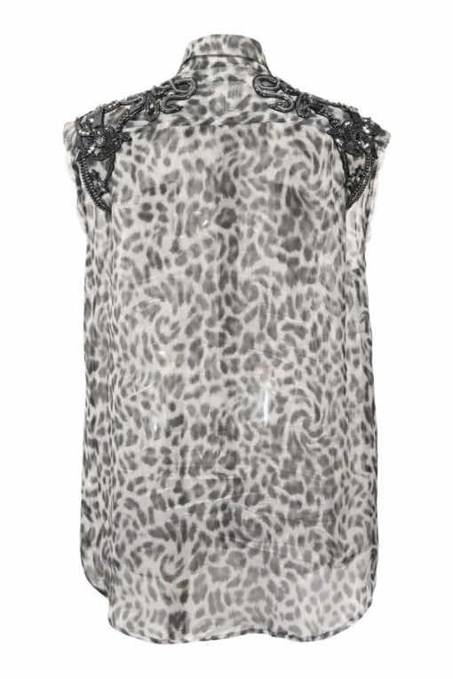 Grey sequin-embellished semi-sheer leopard silk peak collar sleeveless shirt