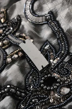 Grey sequin-embellished semi-sheer leopard silk peak collar sleeveless shirt