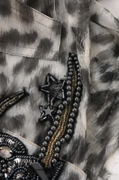 Grey sequin-embellished semi-sheer leopard silk peak collar sleeveless shirt