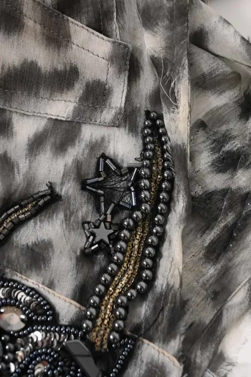 Grey sequin-embellished semi-sheer leopard silk peak collar sleeveless shirt