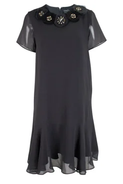 Grey short sleeve knee length shift dress with ruffled hem and crystals embellishment on the front neckline