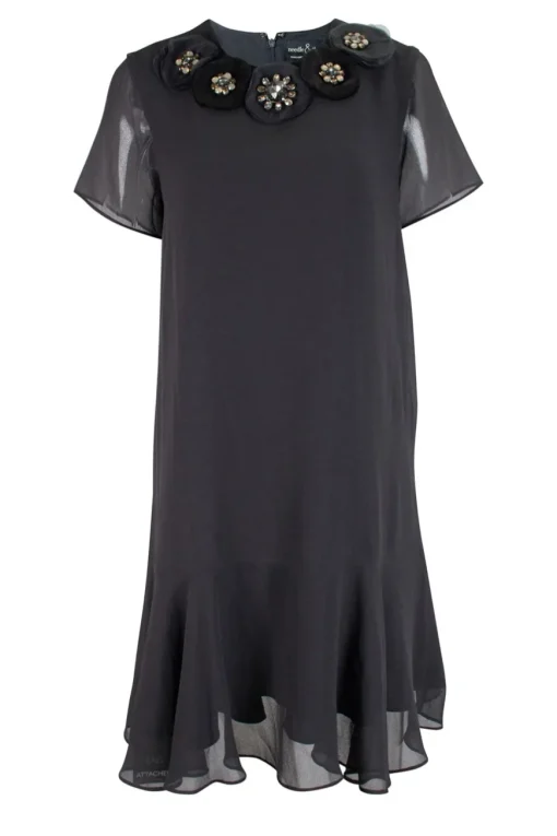 Grey short sleeve knee length shift dress with ruffled hem and crystals embellishment on the front neckline