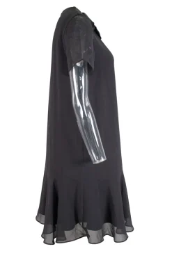 Grey short sleeve knee length shift dress with ruffled hem and crystals embellishment on the front neckline
