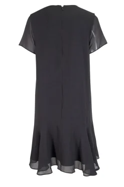 Grey short sleeve knee length shift dress with ruffled hem and crystals embellishment on the front neckline