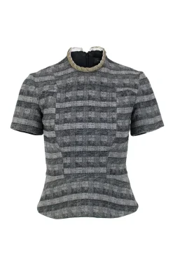 Grey short-sleeved peplum top with gold braided neckline and invisible zipper closure on back