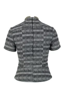 Grey short-sleeved peplum top with gold braided neckline and invisible zipper closure on back