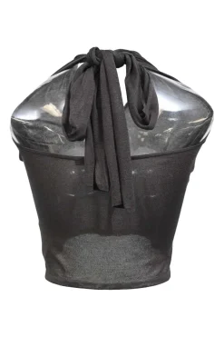 Grey silk knit halter neck top with open back