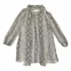 Grey silk python print pussy-bow half sleeve blouse with button loop fastening at centre front