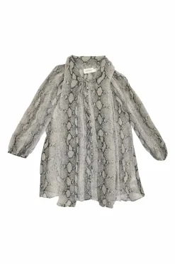Grey silk python print pussy-bow half sleeve blouse with button loop fastening at centre front