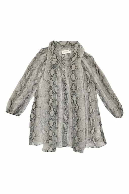 Grey silk python print pussy-bow half sleeve blouse with button loop fastening at centre front
