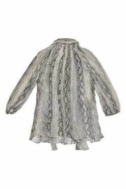 Grey silk python print pussy-bow half sleeve blouse with button loop fastening at centre front