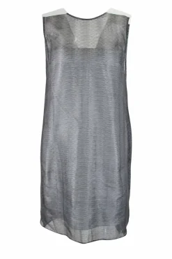Grey sleeveless see through cotton mini shift dress with white poplin lining on the inside