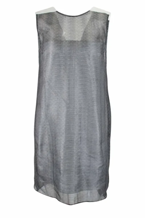 Grey sleeveless see through cotton mini shift dress with white poplin lining on the inside