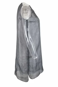 Grey sleeveless see through cotton mini shift dress with white poplin lining on the inside