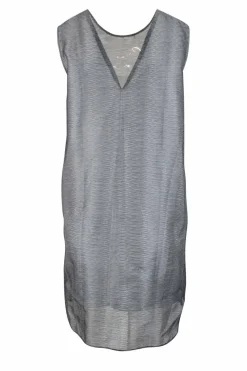 Grey sleeveless see through cotton mini shift dress with white poplin lining on the inside